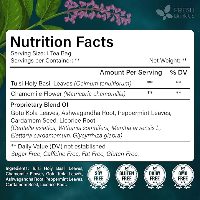FreshDrinkUS, Tulsi Sleep Tea Bags | 135 Tea Bags | Herbal Blend with Tulsi Holy Basil, Chamomile, Gotu Kola, Ashwagandha & Peppermint | Naturally Caffeine-Free, Relaxing Evening Herbal Tea. Vegan - Bloomnest