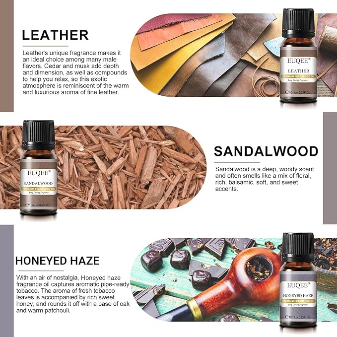 EUQEE 6PCS Fragrance Oils for Men, Men's Pubs Gift Set Premium Fragrance Oils -10ml-Leather, Honeyed Haze, Dragons Blood, Sandalwood, Bay Rum, Cedarwood (Men's Pubs) EUQEE