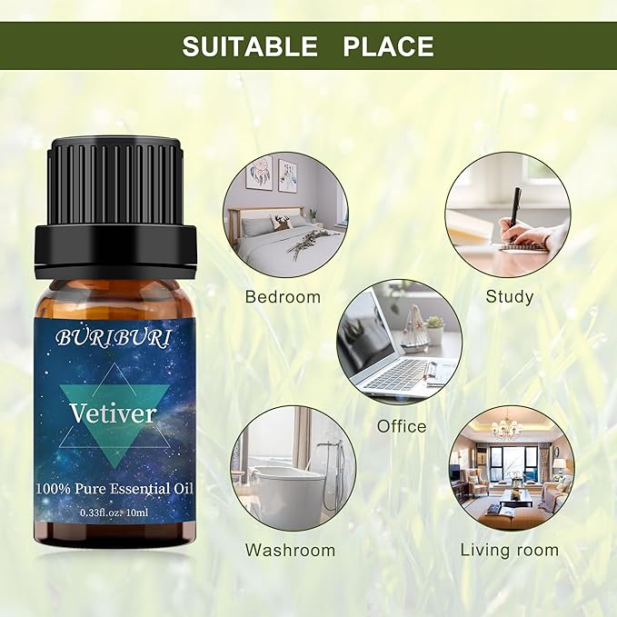 BURIBURI Vetiver Essential Oil Organic for Diffuser, Skin, Candle Soap Perfume Making - 100% Pure, Undiluted, Natural, Aromatherapy Vetiver Oils 10ML BURIBURI