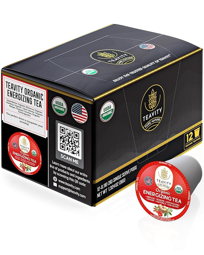 Organic Ashwagandha Tea Pods for Keurig with Ginger, Licorice, Organic Hibiscus Sabdariffa, Rosehip, & Lime - Decaf Herbal Tea - Energizing Tea by Teavity (12 Tea Pods) - Bloomnest