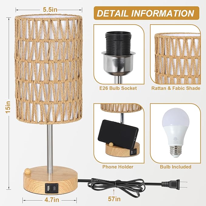 Boho Table Lamp for Bedroom with Bulb, Small Touch Control Table Lamp for Living Room with Rattan & Linen Shade, 3 Way Dimmable Bedside Lamp for Nightstand with USB Charging Port & Phone Stand - Bloomnest