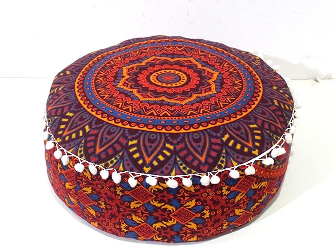INDIAN CRAFT CASTLE ICC Floor Pillows & Cushion Covers Decorative Hippie Mandala Pouf Pillow Covers Seating Meditation Cushion Cover Large Boho Ottoman Case Pillowcase Couch New Orange, 24" Round - Bloomnest