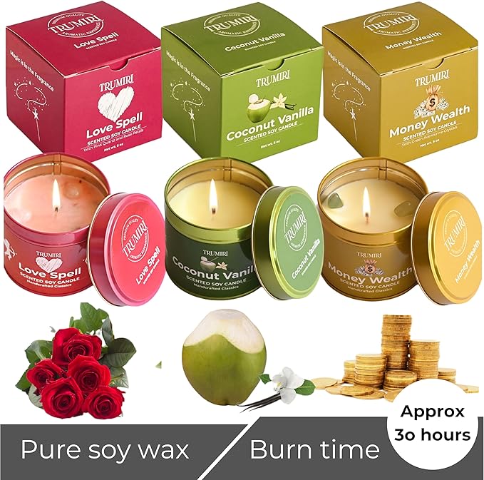 Love Spell, Money Wealth, Coconut Vanilla - Soy Candles Non Toxic - Highly Scented Long Lasting with Essential Oils - Variety Pack of 3 x 5oz - for Home Aromatherapy Meditation Gift Travel TRUMIRI