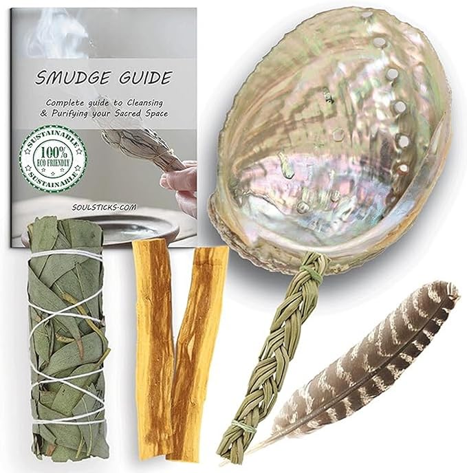 Ancient VEDA Healer's Kit: Complete Sage Smudge Kit Bundle w/Abalone Shell, Palo Santo, Sweetgrass, Turkey Feather & Guidebook – Spiritual and Energy Cleansing, Ritual Supplies, Smudging Essentials AncientVeda