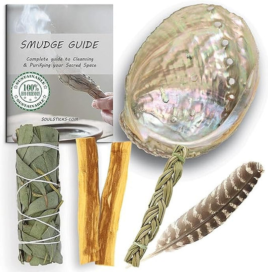 Ancient VEDA Healer's Kit: Complete Sage Smudge Kit Bundle w/Abalone Shell, Palo Santo, Sweetgrass, Turkey Feather & Guidebook – Spiritual and Energy Cleansing, Ritual Supplies, Smudging Essentials AncientVeda