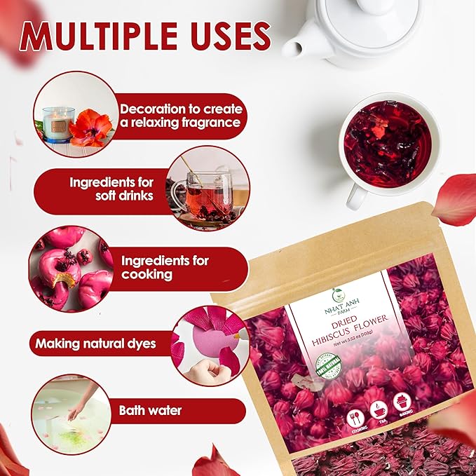 NhatAnhFarm, Dried Hibiscus. 100gr Natural Dried Hibiscus, 100% Natural & Pure, Sugar/Caffeine/Gluten Free. The Perfect Ingredient For Making Tea, Baking, And Effective Deodorizing - Bloomnest