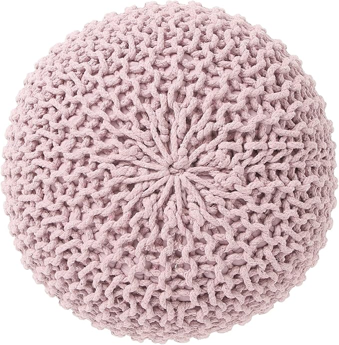 REDEARTH Round Pouf Ottoman - Hand Knitted Boho Poof Home Décor Pouffe Circular Footrest for Living Room - Bedroom - Lounge - 100% Cotton (19.5"x19.5"x14") - Pale Pink - Bloomnest