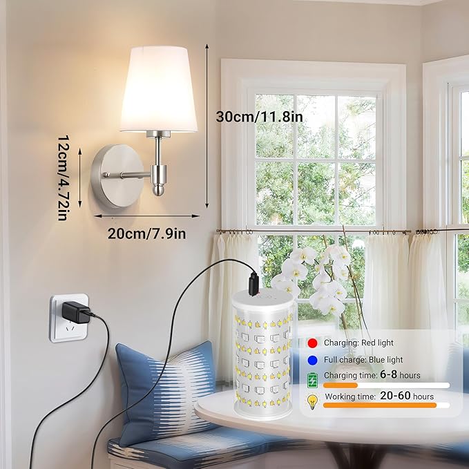 Battery Operated Wall Sconces Set Of 2, Wireless Battery Wall Light With 10000mAh RGB Rechargeable Magnetic Bulb, Rechargeable Wall Sconce With Remote Control For Bedroom, No Electrician Required - Bloomnest