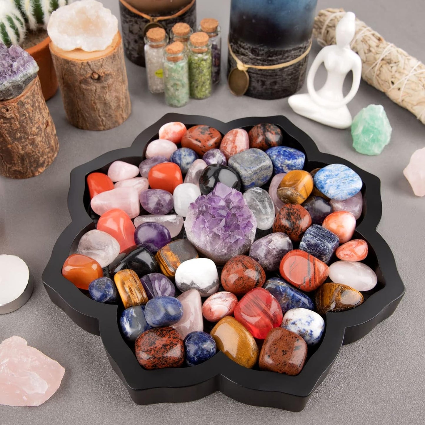 Lotus Crystal Tray, Wooden Incense Burner for Stick/Cone, Gemstone Display Holder, Organizer for Rocks, Essential Oil, and Jewelry