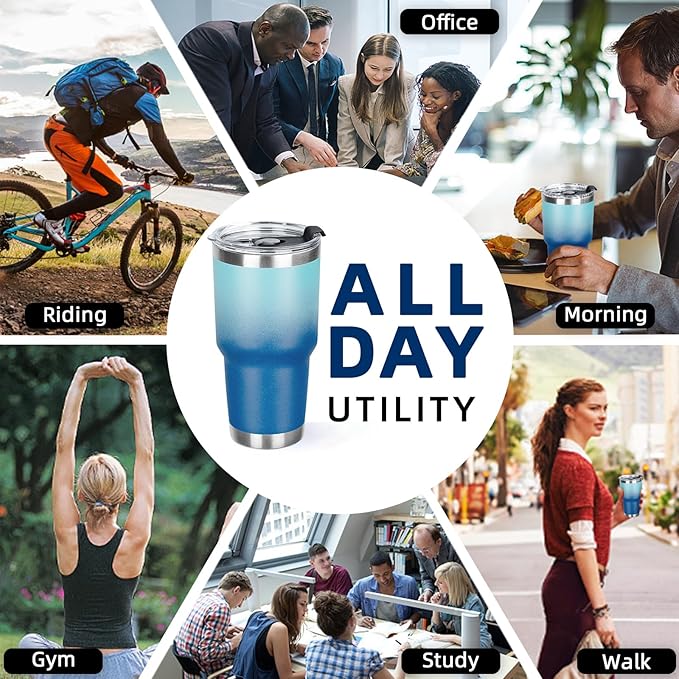 30 oz Tumbler with Lids and Straws Double Wall Vacuum Insulated Tumbler Cup,Stainless Steel Leak-proof Thermal Tumbler Travel Coffee Mug for Cold and Hot Drinks,Gradient Blue - Bloomnest