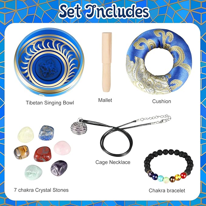 BBTO Tibetan Singing Bowls Set for Healing 3.4'' Meditation Sound Bath Bowl 7 pcs Chakra Crystal Stones Mallet Cushion Chakra Bracelet Pendant(Blue) - Bloomnest