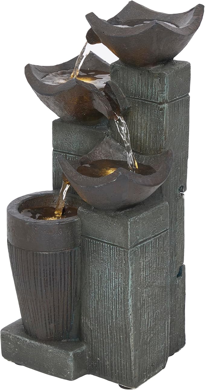 Alpine Corporation TZL414 14" 4 Tier Squared Bowls Fountain with LED Lights, Elegant Tabletop Water Feature for Home, Office, Living Room, Bedroom & Desk Decor, Gray - Bloomnest