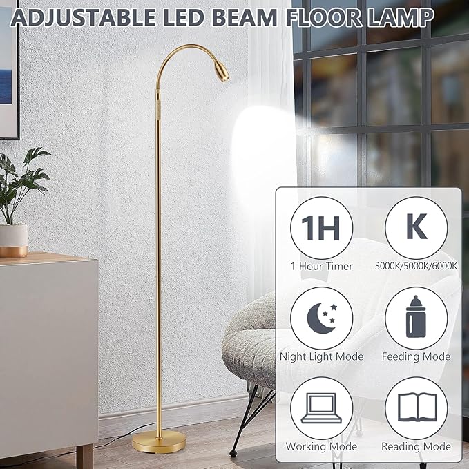Reading Floor Lamp, 72" Tall LED Lamp with Flexible Gooseneck, Dimmable Zoomable Spotlight, Adjustable Color Beam Standing Lamp, Touch & Remote Control, Task Craft Bedroom Living Room (Antique Brass) - Bloomnest