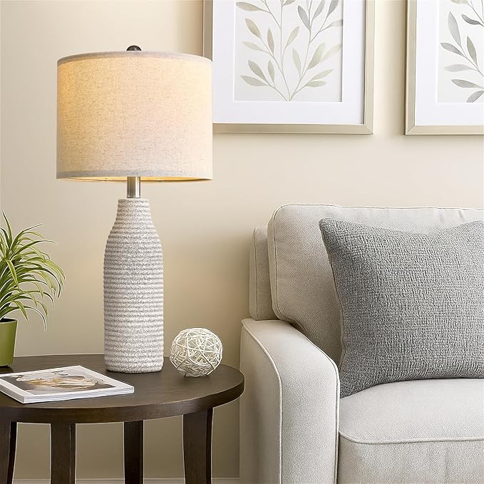25" Ceramic Table Lamps for Living Room, Modern Design Bedside Lamps Set of 2, Nightstand Lamps for Bedroom with Rotary Switch, Gray and White - Bloomnest