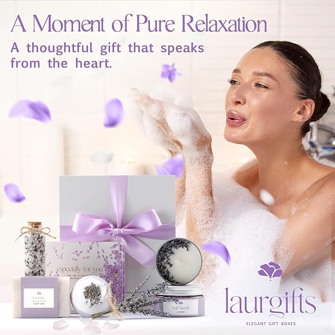 Lavender Spa Gift Box for Women – Small Candle Set with Bath Gifts, Relaxing Self Care Spa Set, Birthday Basket for Women, Mom & New Mom - Bloomnest
