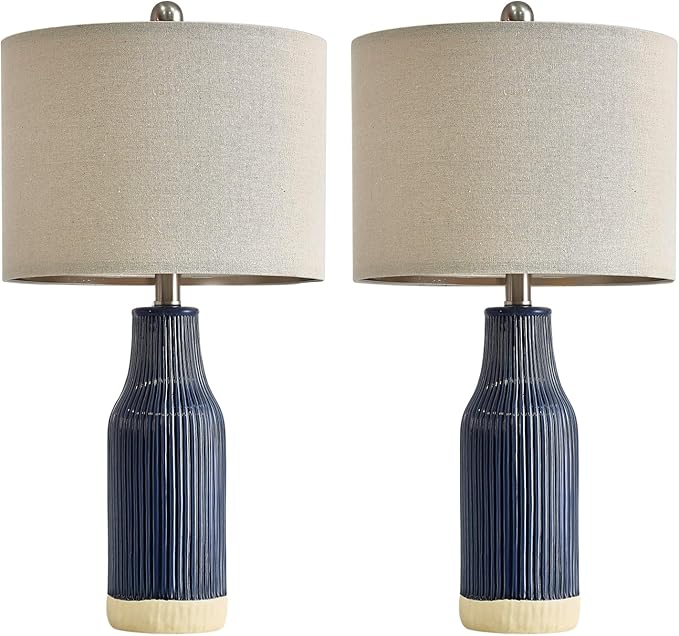 23.75" Modern Blue Ceramic Table Lamp Set of 2 for Living Room, Farmhouse Bedside Nightstand Lamp for Bedroom Home Office Dorm - Bloomnest