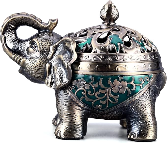 K COOL Metal Backflow Incense Holder Elephant Cone Incense Burner Candle Holder with Lid, Aromatherapy Ornament Home Office Decoration for Indoor Outdoor (Green) - Bloomnest