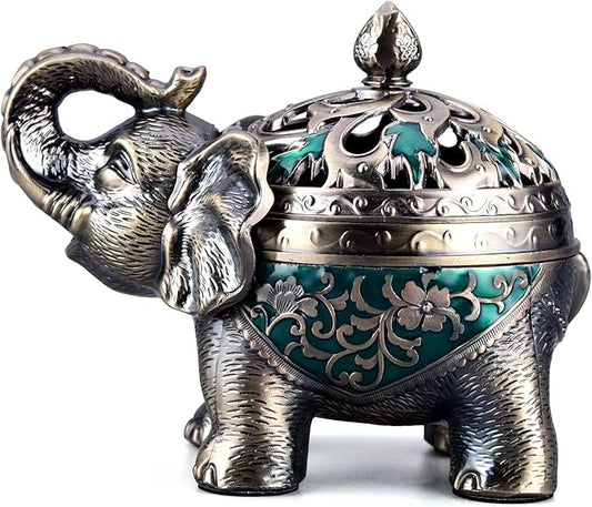 K COOL Metal Backflow Incense Holder Elephant Cone Incense Burner Candle Holder with Lid, Aromatherapy Ornament Home Office Decoration for Indoor Outdoor (Green) - Bloomnest