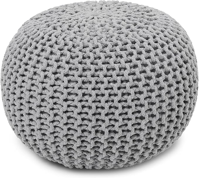 REDEARTH Round Boho Pouf Ottoman - Cable Knitted Cord Boho Pouffe - Stuffed Poof Accent Beanbag Footrest for Living Room - Nursery - Bedroom - Covered Patio - Study Nook (19.5"x19.5"x14") - Gray - Bloomnest