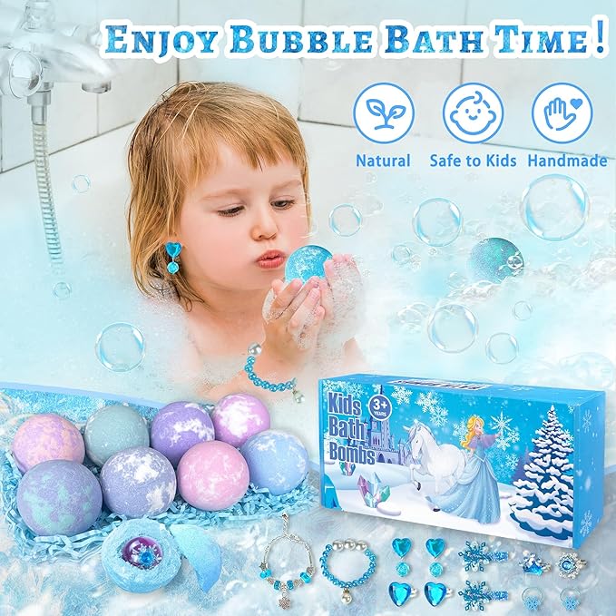 Bath Bombs for Kids with Surprise Inside, 8 Pack Bath Bombs with Frozen Toys, Princess Jewelry & Cross-Body Bag, Natural Fizzy Bubble Bath Balls with Jewelry Set, Christmas Birthday Gift for Girls - Bloomnest