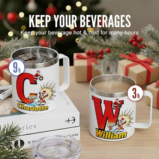 Personalized Christmas Mug with Name Initial - Funny Comic Santa & Sneezing Reindeer 12oz Insulated Stainless Steel Coffee Cup with Handle & Lid - Unique Xmas Holiday Gifts for Kids, Boys, Men (B153) - Bloomnest