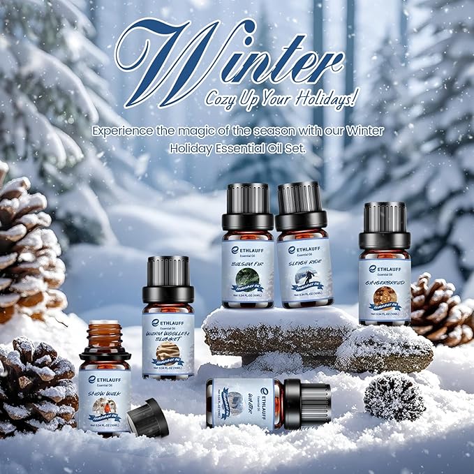 Essential Oils Set, Winter, Warm Woollen Blanket, Balsam Fir, Snow Walk, Sleigh Ride, Gingerbread - Bloomnest