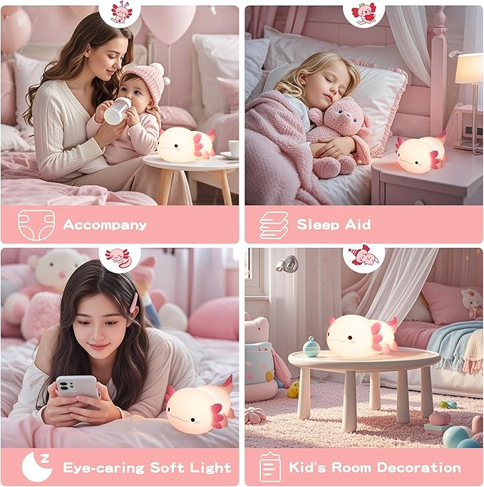 Axolotl Lamp,Cute Axolotl Night Light,Dimmable Silicone Animal Nursery Night Light,Adorable Rechargeable Squishy Novelty Bedside Touch Lamp,Baby Room Decor, Axolotl Gifts for Kids/Girls - Bloomnest