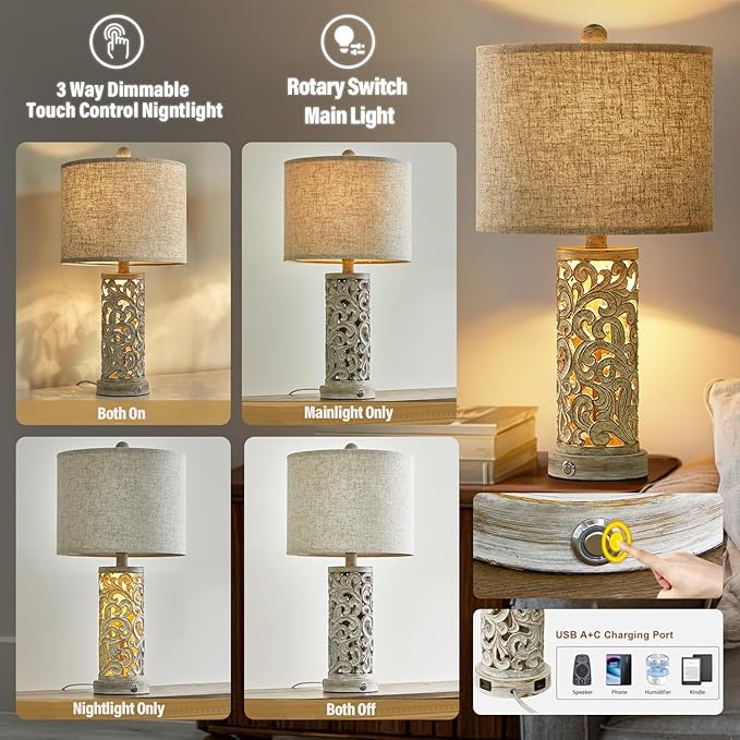OYEARS 3-Way Dimmable 22'' USB A+C Touch Control Table Lamp Set of 2 with Nightlight for Living Room Bedroom Farmhouse Bedside Nightstand Lamps (Bulb Included) - Bloomnest