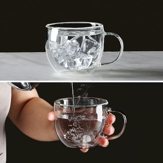 CNGLASS Double Wall Glass Cappuccino Mugs 8.1oz,Clear Insulated Glass Coffee Mug with Handle for Espresso,Latte,Tea,Set of 2 - Bloomnest