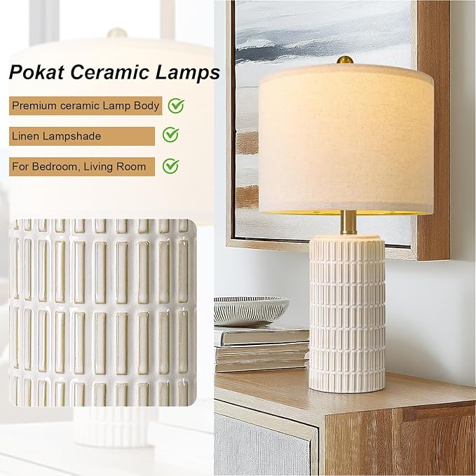 PoKat 20.75" Small Modern Ceramic Table Lamps Set of 2 for Bedroom, White Bedside Lamps for Night Stands, Farmhouse Desk Decor Nightstand Table Lamps for Living Room End Table Beige - Bloomnest