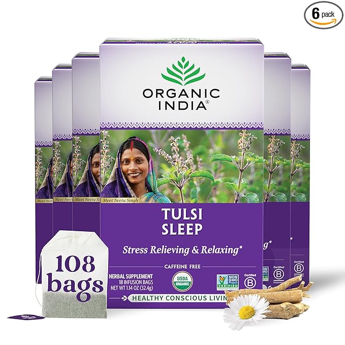ORGANIC INDIA Tulsi Sleep Herbal Tea - Holy Basil, Ashwagandha, Chamomile, Night Time Tea for Bedtime, Stress Relieving & Relaxing, Immune Support, USDA Certified Organic - 18 Infusion Bags, 6 Pack - Bloomnest
