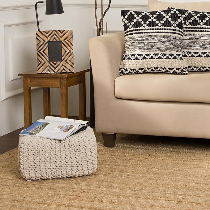 REDEARTH · Cube Low Pouf Foot Stool Ottoman - Hand Knitted Poof - Cord Boho Pouffe - Home Décor - Stuffed Footrest for Living Room - Nursery - Bedroom - Covered Patio - Room (16" x 16" x 8") - Ivory - Bloomnest