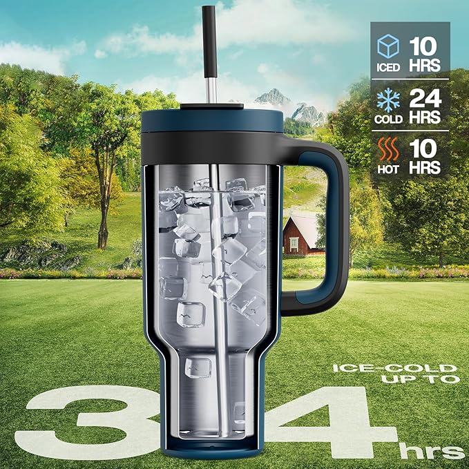 POWCAN 40 oz Tumbler with Handle, 2-in-1 Straw and Sip Lid, Leakproof, Dishwasher Safe, Insulated Stainless Steel Travel Coffee Mug, Keeps Cold for 34 Hours, Fits in Car Cup Holder (Deepsea) - Bloomnest