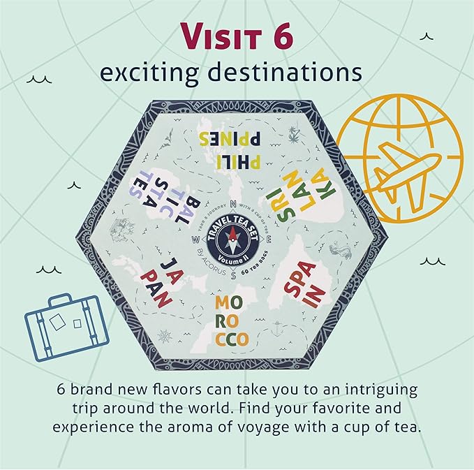ACORUS | Travel Tea Set Vol. II | Tea Gift Set of 6 Flavors of Different Destination | Discover the World With a Cup of Tea | Assorted Tea Variety Pack | Large Tea Sampler Box | 60 Tea Bags - Bloomnest