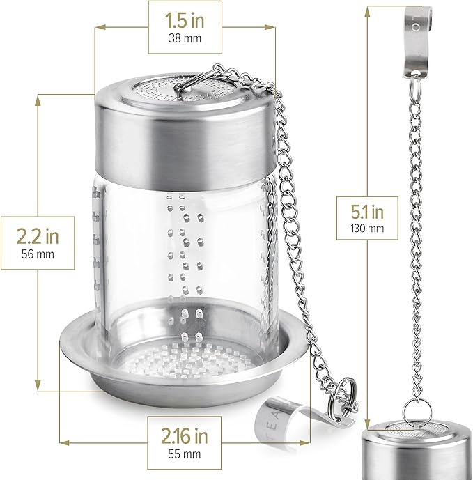 Teabloom Puresteep Glass Tea Infuser with Lid & Drip Tray – Non-Toxic Borosilicate Glass Loose Leaf Steeper with Stainless Steel Chain – Small or Large Size - Bloomnest