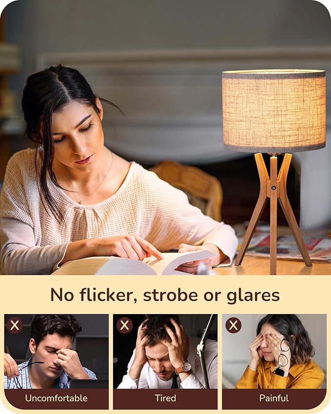 EDISHINE Tripod Table Lamp, 17.5" Modern Bedside Lamp with Natural Wood-Colored Lamp Legs & Beige Linen Lampshade, Boho Nightstand Lamp for Bedroom, Living Room, Reading Room, E26 Base - Bloomnest