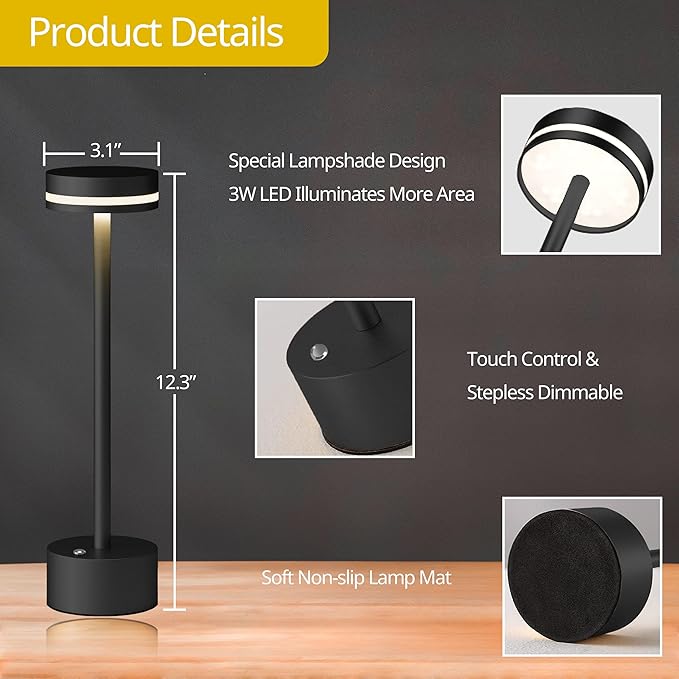 Cordless Table Lamp, Portable Rechargeable Bedside Lamp, Touch Stepless Dimmable Desk Lamp, for Home Bedroom Hotel Restaurant Bar Outdoor, 2 Set, Black - Bloomnest