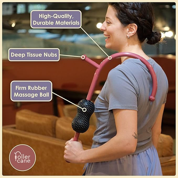 Roller Cane Massager | 2-in-1 Massage Roller Stick & Trigger Point Cane | Rubber Ball for Deep Tissue, Myofascial Release & Muscle Recovery (Red)