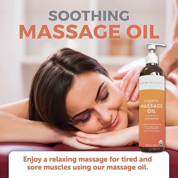 Viva Naturals Organic Massage Oil Unscented (8 fl. oz.) - Non-Greasy Body Oil with Mess-Free Pump, Moisturizing Massage Oils for Massage Therapy, Non-GMO and Certified Organic, 237 mL - Bloomnest