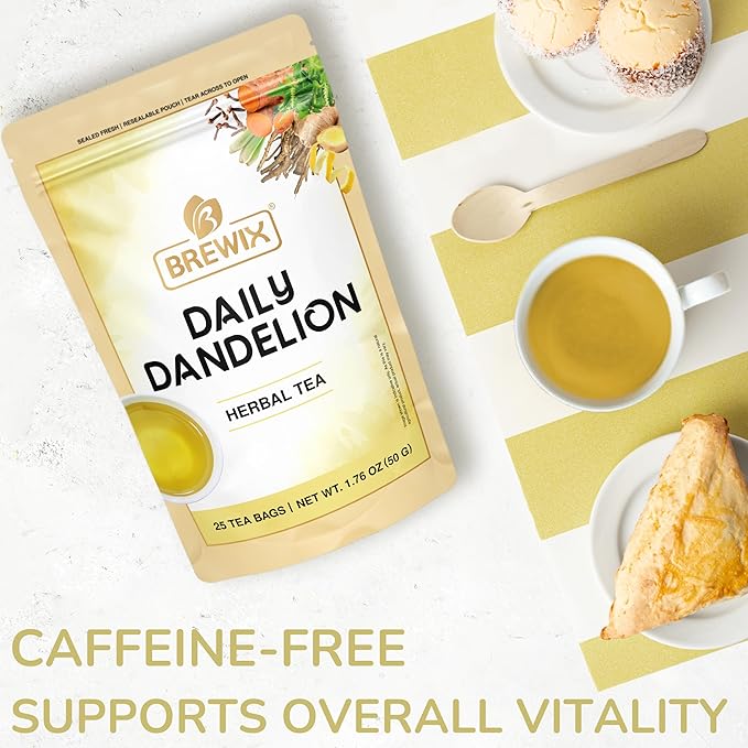 BREWIX, Dandelion Root Detox Tea (25 Pyramid Tea Bags) Caffeine-Free Herbal Blend with Ginger, Tulsi & Turmeric | Supports Liver Health & Gentle Cleanse | Natural & Refreshing | Direct from Source - Bloomnest