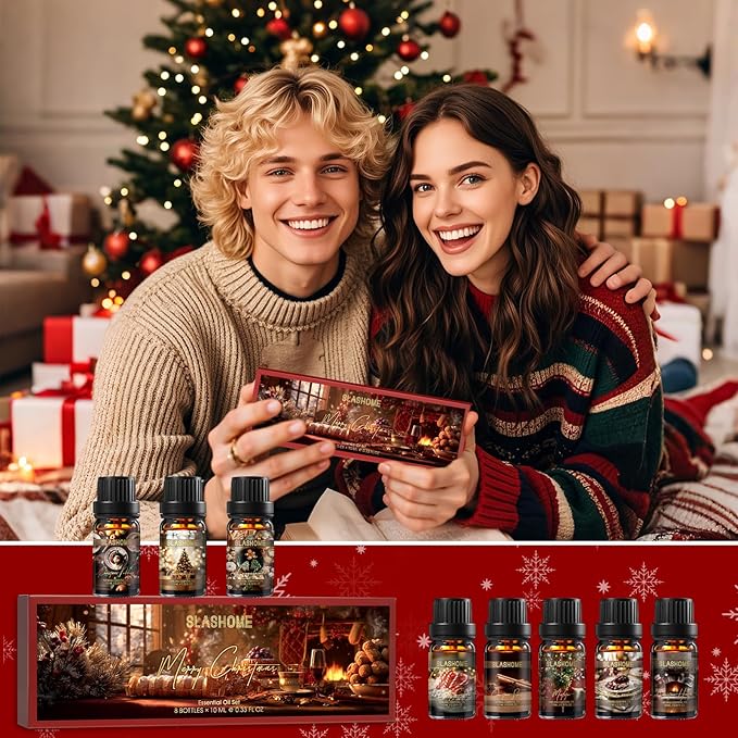 Christmas Essential Oils Gift Set, 8 Pcs Winter Essential Oils for Diffusers for Home, Candle and Soap Making, Aromatherapy Oils for Diffuser, Humidifiers, Skin Care, Massage, Gift for Women & Men - Bloomnest