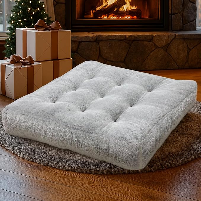 Degrees of Comfort Plush Floor Cushion for Adults – Faux Fur Meditation Pillow – Soft Winter Tatami Seating Pad – 22” Square, Light Grey, 1 Pack - Bloomnest