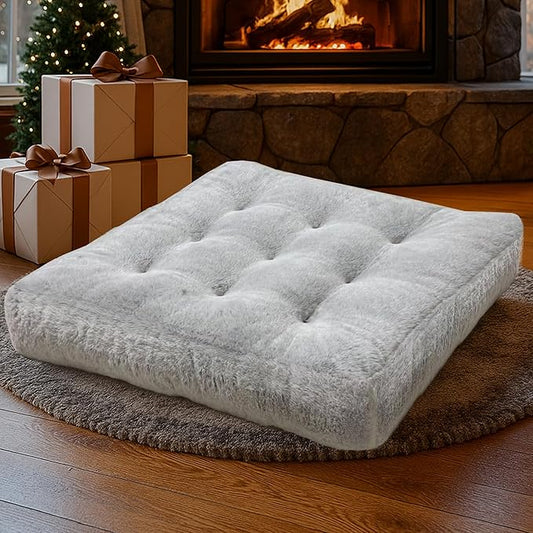 Degrees of Comfort Plush Floor Cushion for Adults – Faux Fur Meditation Pillow – Soft Winter Tatami Seating Pad – 22” Square, Light Grey, 1 Pack - Bloomnest