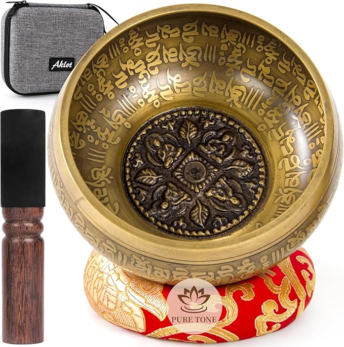 AKLOT HandMade Meditation Singing Bowl: Tibetan Sound Bowl Set with Pure Tone, Sound Bath Bowl with Cushion, Mallet, Carry Bag, Spiritual Gift for Chakra Clearing, Yoga, Prayer, Relaxation (5 Inch)