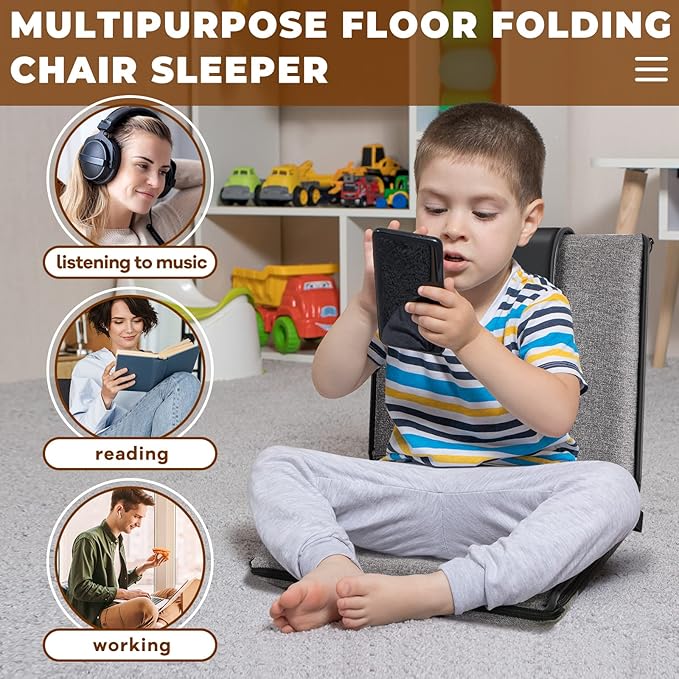 2 Pcs Adjustable Floor Chair with Back Support, Padded Seat, Portable, Meditation Cushion, Fully Folding Backrest for Adult, Kid, Gaming - Linen Washable Cover, Nylon Bottom (Gray, Black) - Bloomnest