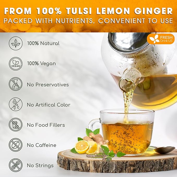 FreshDrinkUS, Premium 75 Tulsi Lemon Ginger Tea Bags, 100% Natural & Pure from Tulsi Holy Basil Leaves, Lemon and Ginger. Made with Natural Material Tea Bags. No Sugar, No Caffeine, Vegan. - Bloomnest