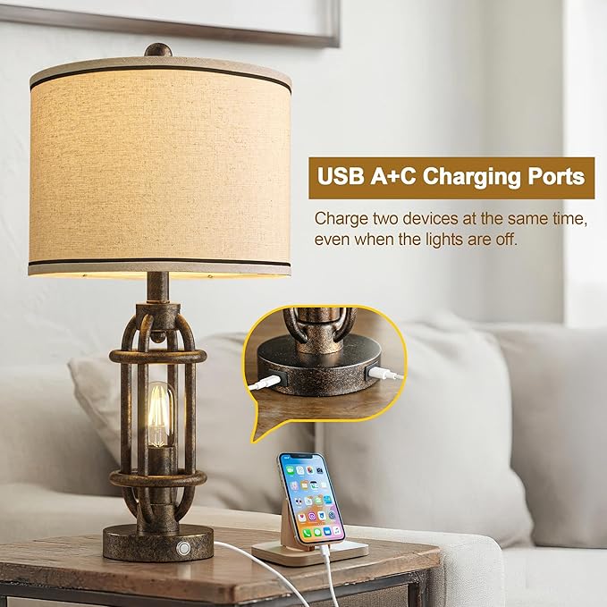 23.75'' Table Lamps Set of 2 for Living Room Bedroom Industrial Farmhouse Metal Touch Lamps with USB A+C Ports, Night Light Vintage Nightstand Bedside Lamp, Bulbs Included, Bronze - Bloomnest
