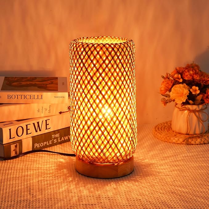 Arturesthome Bamboo Desk Light Woven Boho Beside Lamp Vintage Wicker Wooden Nightstand Lamp for Living Room,Kids Room,Nursery Room Decor - Bloomnest