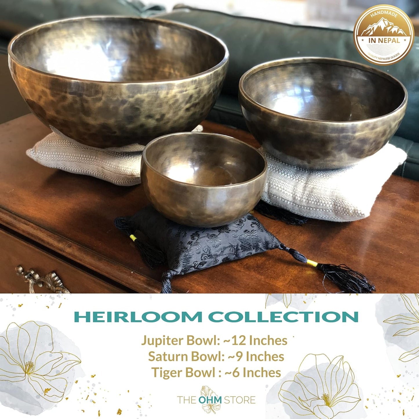 Large Tibetan Singing Bowl Set by Ohm Store — Saturn Pure Bronze Meditation Sound Bowl 9 Inches, 2 Mallets and a Cushion — Handcrafted Nepali Sound Bath Instrument (Saturn)