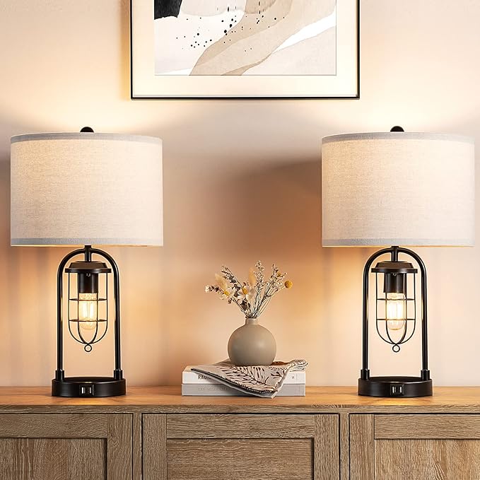 Kyrid 21'' Table Lamps Set of 2 with Night Light and USB Port Industrial Modern Nightstand Lamp Set (Bulbs Included) - Bloomnest